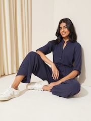 Friends Like These Navy Blue Jersey Long Sleeve Cinched Waist Jumpsuit - Image 3 of 4