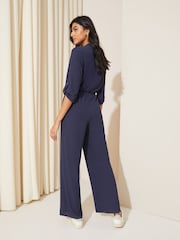 Friends Like These Navy Blue Jersey Long Sleeve Cinched Waist Jumpsuit - Image 4 of 4