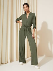 Friends Like These Khaki Green Jersey Long Sleeve Cinched Waist Jumpsuit - Image 1 of 4