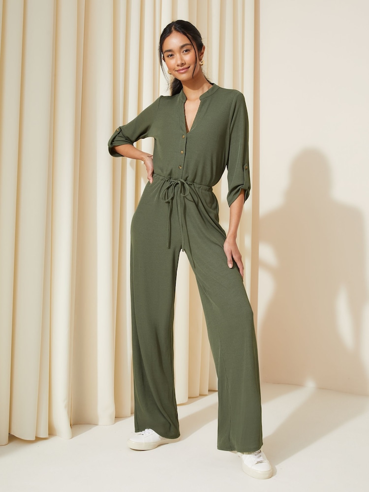 Friends Like These Khaki Green Jersey Long Sleeve Cinched Waist Jumpsuit - Image 1 of 4