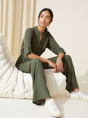 Friends Like These Khaki Green Jersey Long Sleeve Cinched Waist Jumpsuit - Image 2 of 4