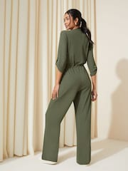 Friends Like These Khaki Green Jersey Long Sleeve Cinched Waist Jumpsuit - Image 3 of 4