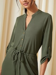 Friends Like These Khaki Green Jersey Long Sleeve Cinched Waist Jumpsuit - Image 4 of 4