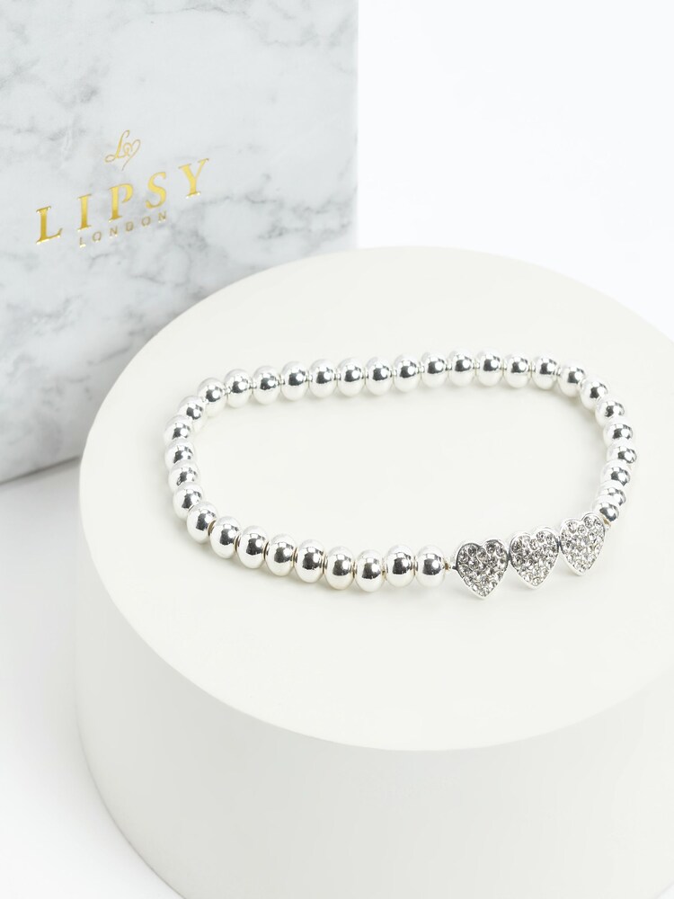 Lipsy Jewellery Silver Tone Crystal Heart Charm Stretch Bracelet Gift - Image 1 of 4
