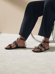 Black Leather Ring Detail Sandals - Image 1 of 6