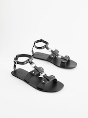 Black Leather Ring Detail Sandals - Image 2 of 6