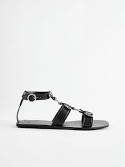 Black Leather Ring Detail Sandals - Image 3 of 6