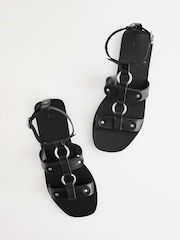 Black Leather Ring Detail Sandals - Image 4 of 6