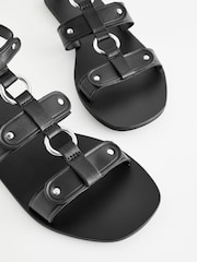 Black Leather Ring Detail Sandals - Image 6 of 6