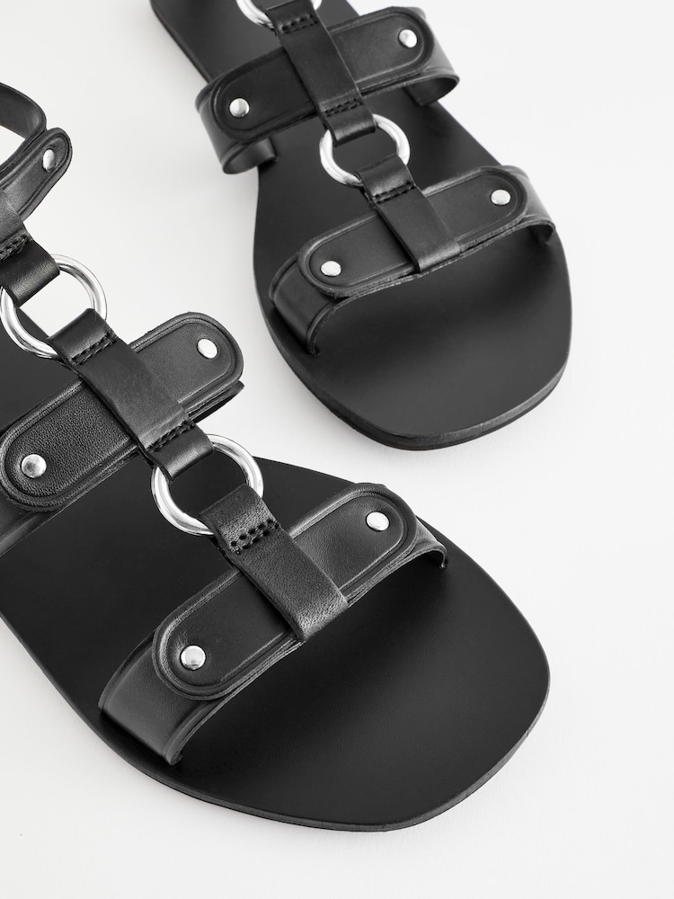 Black Leather Ring Detail Sandals - Image 6 of 6