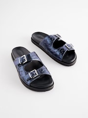 Navy Metallic Leather Western Footbed Sandals - Image 1 of 5
