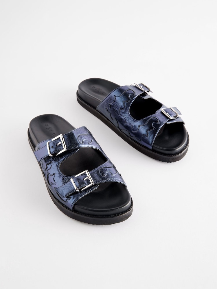 Navy Metallic Leather Western Footbed Sandals - Image 1 of 5