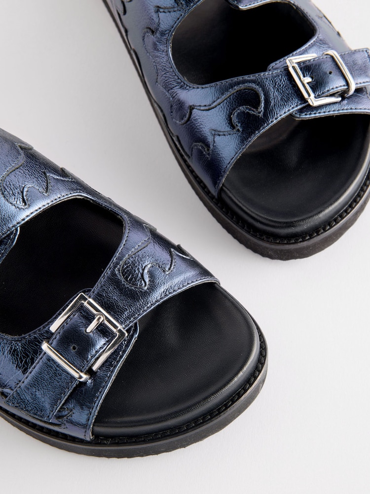 Navy Metallic Leather Western Footbed Sandals - Image 5 of 5
