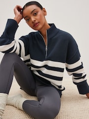 Navy Blue Stripe Half Zip Knit Stripe Jumper - Image 1 of 6