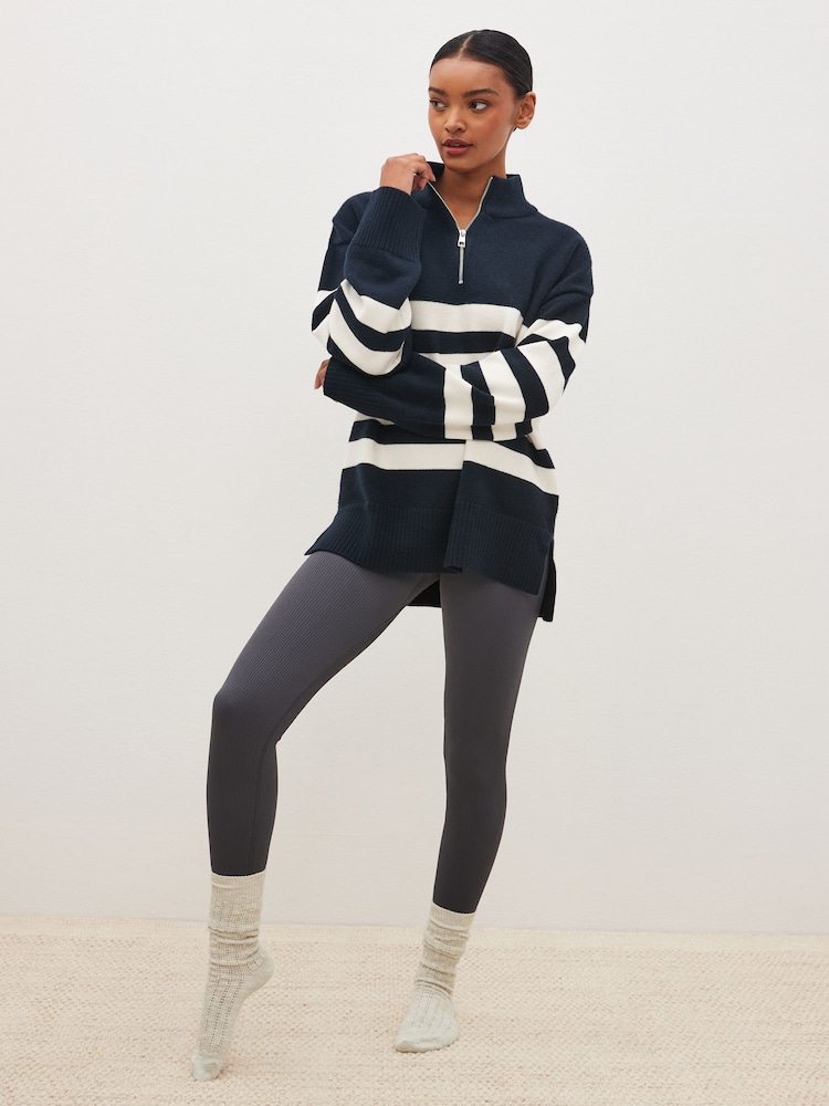 Navy Blue Stripe Half Zip Knit Stripe Jumper - Image 2 of 6