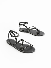 Black Leather Studded Flat Sandals - Image 5 of 9