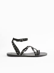 Black Leather Studded Flat Sandals - Image 6 of 9