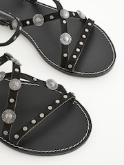 Black Leather Studded Flat Sandals - Image 8 of 9