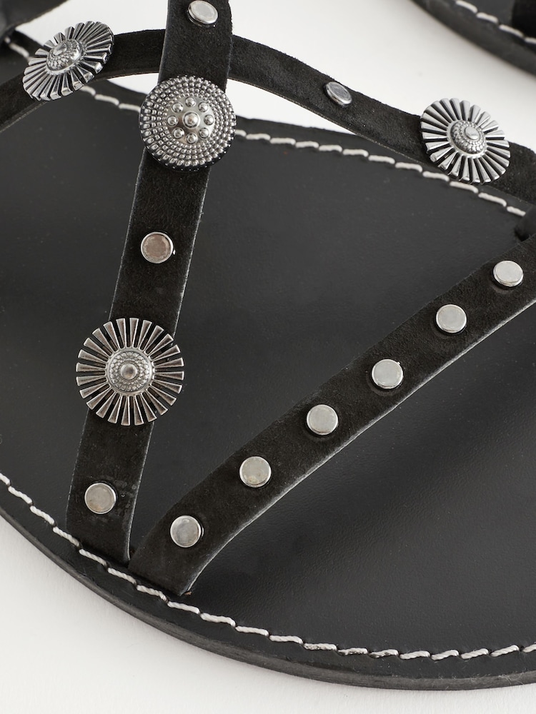 Black Leather Studded Flat Sandals - Image 9 of 9