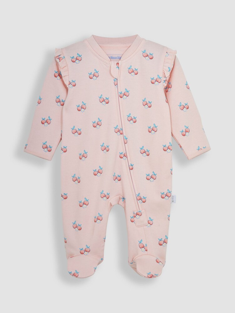 JoJo Maman Bébé Coral Fruit & Daisy Print Zip Cotton Baby Sleepsuit - Image 1 of 3