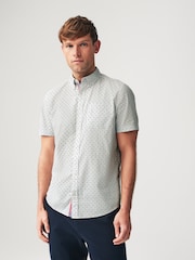 White 100% Cotton Linen Blend Printed Short Sleeve Oxford Shirt - Image 1 of 7