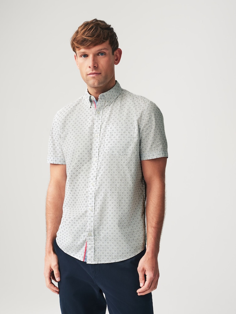 White 100% Cotton Linen Blend Printed Short Sleeve Oxford Shirt - Image 1 of 7