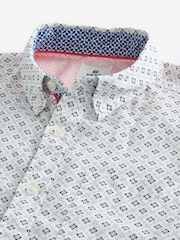 White 100% Cotton Linen Blend Printed Short Sleeve Oxford Shirt - Image 7 of 7