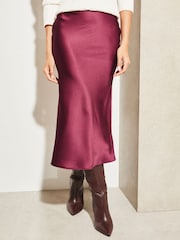 Lipsy Merlot Red Satin Bias Cut Midi Skirt - Image 1 of 4