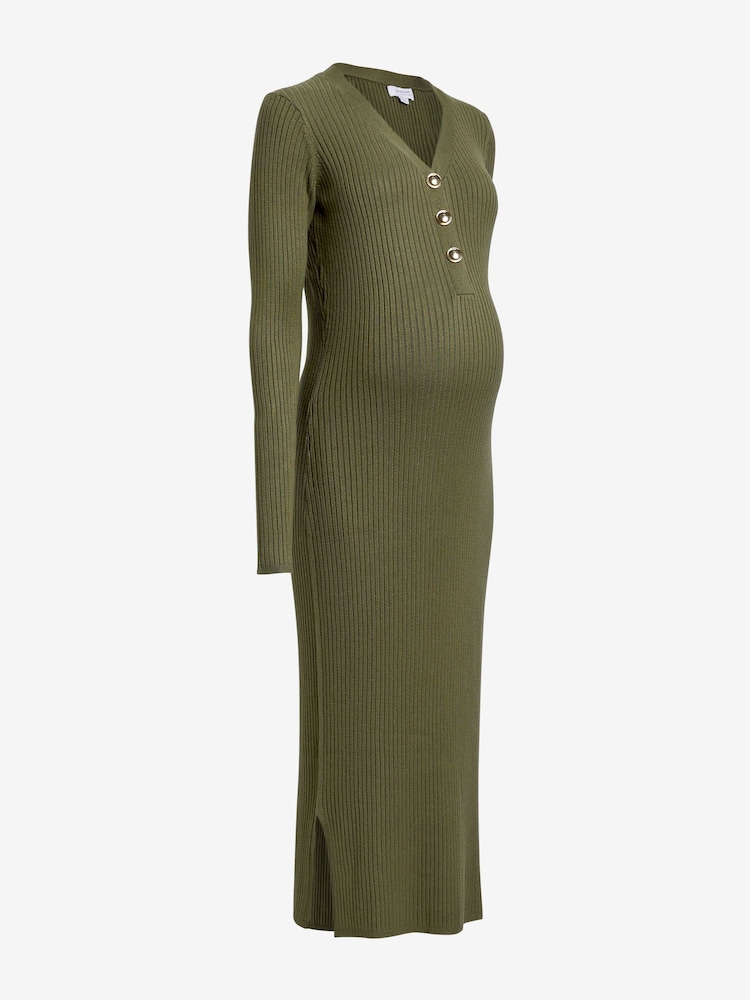 Seraphine Green Rib Knit Maternity Dress With Pearl Button - Image 10 of 10