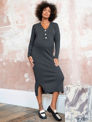 Seraphine Grey Rib Knit Maternity Dress With Pearl Buttons - Image 1 of 9