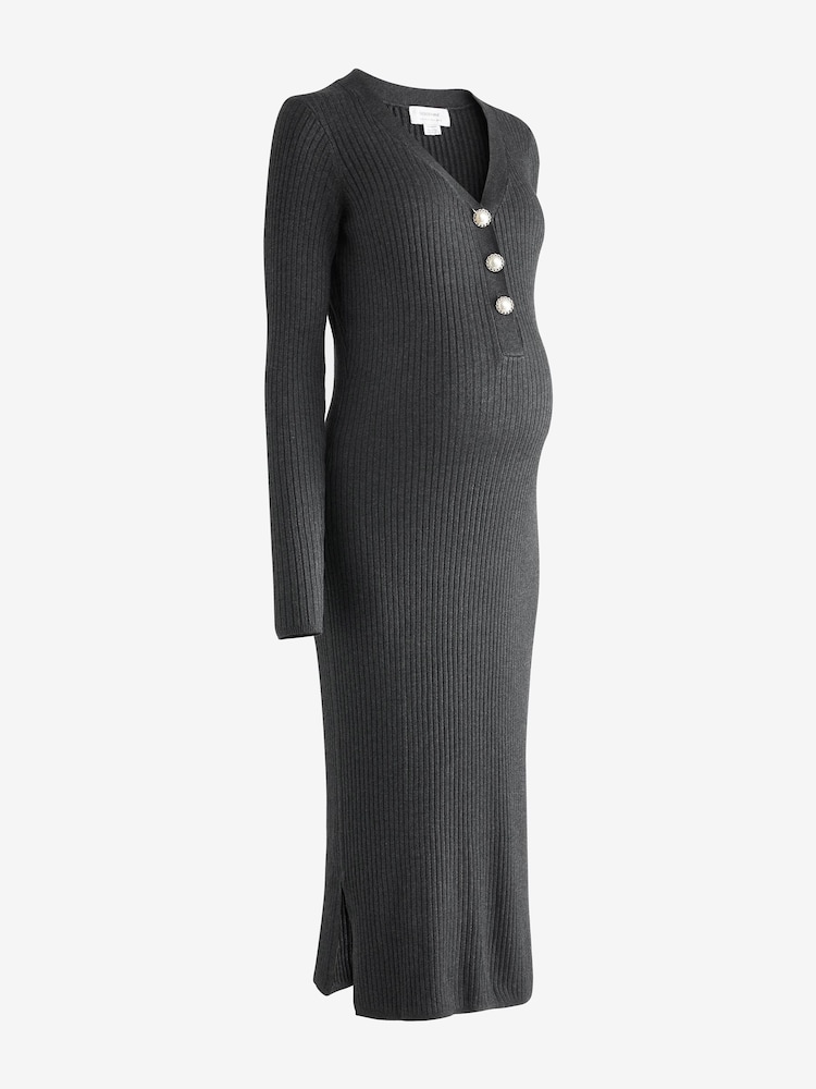 Seraphine Grey Rib Knit Maternity Dress With Pearl Buttons - Image 9 of 9