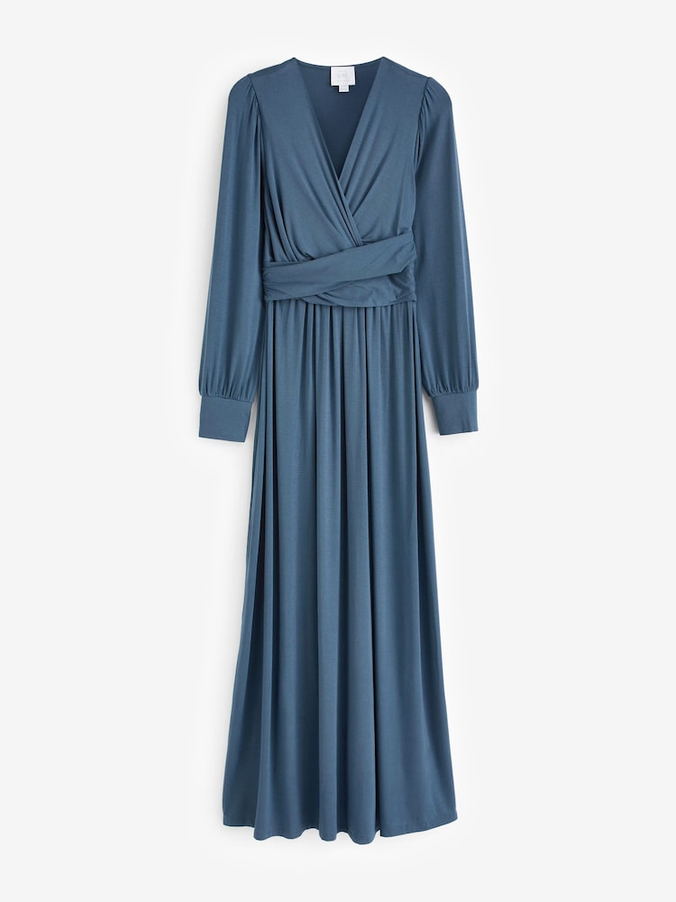 Seraphine Blue Winter Twist Front Maternity Maxi with Blouson Sleeve - Image 11 of 11 Seraphine Blue Winter Twist Front Maternity Maxi with Blouson Sleeve - Image 11 of 11