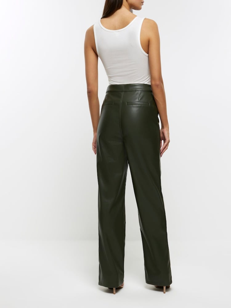 River Island Dark Green Faux Leather Straight Leg Trousers - Image 2 of 5