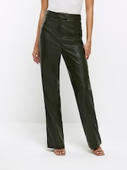 River Island Dark Green Faux Leather Straight Leg Trousers - Image 3 of 5
