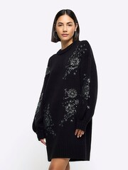 River Island Black Embellished Jumper Dress - Image 1 of 6