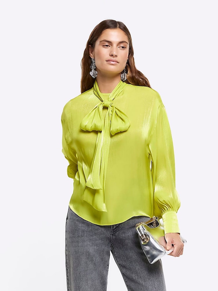 River Island Yellow Pussybow Satin Shimmer Blouse - Image 1 of 1