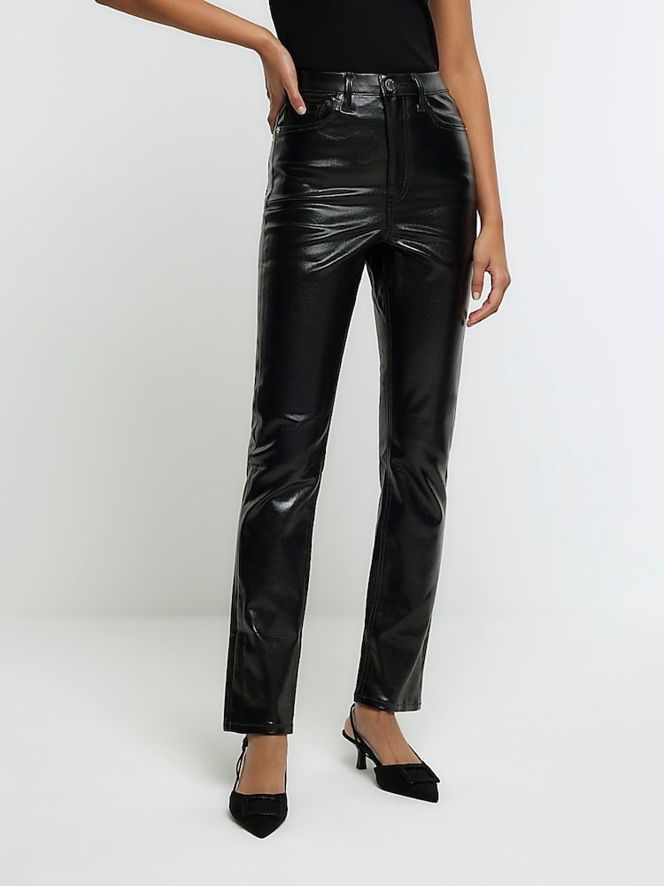 River Island Dark Black High Rise Slim Straight Coated Jeans - Image 1 of 7 River Island Dark Black High Rise Slim Straight Coated Jeans - Image 1 of 7
