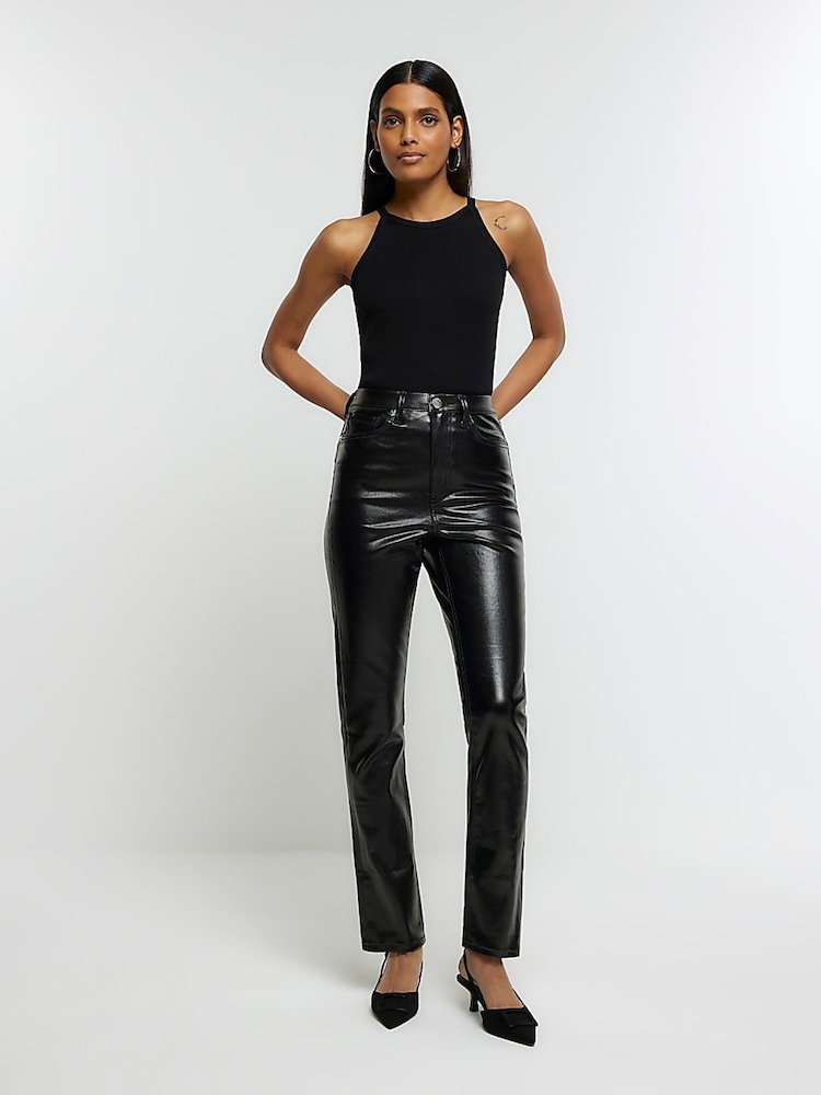 River Island Dark Black High Rise Slim Straight Coated Jeans - Image 2 of 7 River Island Dark Black High Rise Slim Straight Coated Jeans - Image 2 of 7