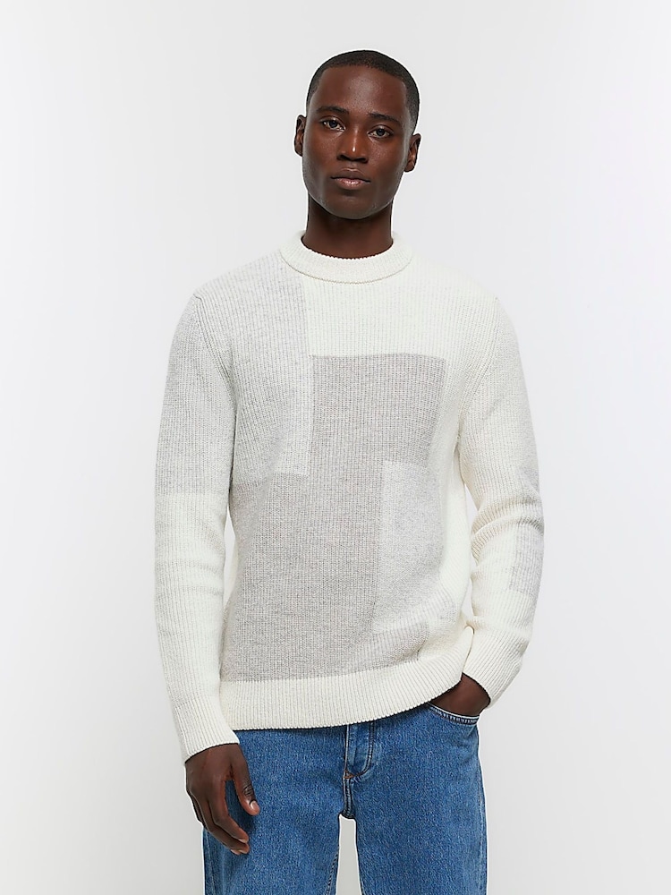 River Island Cream Slim Blocked Rib Crew Neck 100% Cotton Jumper - Image 1 of 6