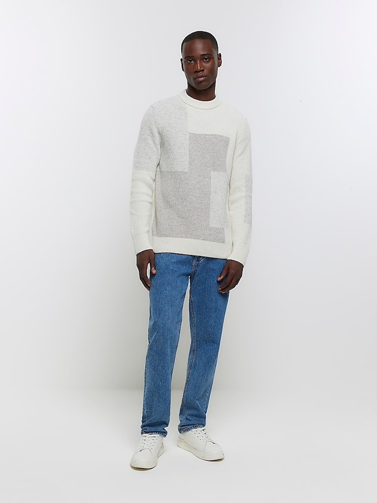 River Island Cream Slim Blocked Rib Crew Neck 100% Cotton Jumper - Image 2 of 6