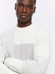 River Island Cream Slim Blocked Rib Crew Neck 100% Cotton Jumper - Image 4 of 6