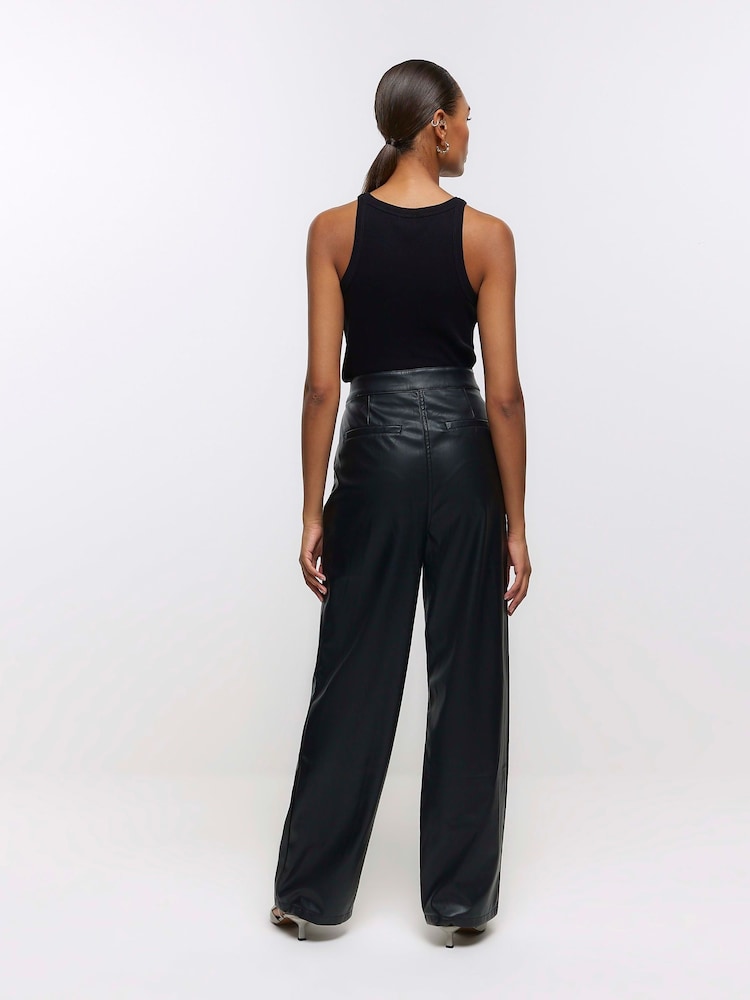 River Island Black High Rise Straight Leg Coated Trousers - Image 2 of 5 River Island Black High Rise Straight Leg Coated Trousers - Image 2 of 5