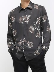 River Island Black Floral Sateen Linear Print Shirt - Image 1 of 4