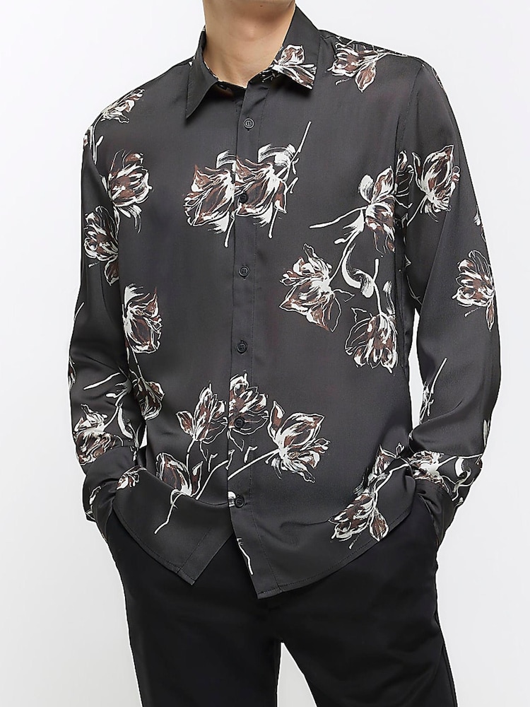 River Island Black Floral Sateen Linear Print Shirt - Image 1 of 4 River Island Black Floral Sateen Linear Print Shirt - Image 1 of 4