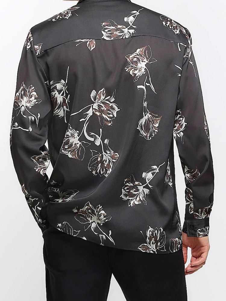 River Island Black Floral Sateen Linear Print Shirt - Image 2 of 4 River Island Black Floral Sateen Linear Print Shirt - Image 2 of 4