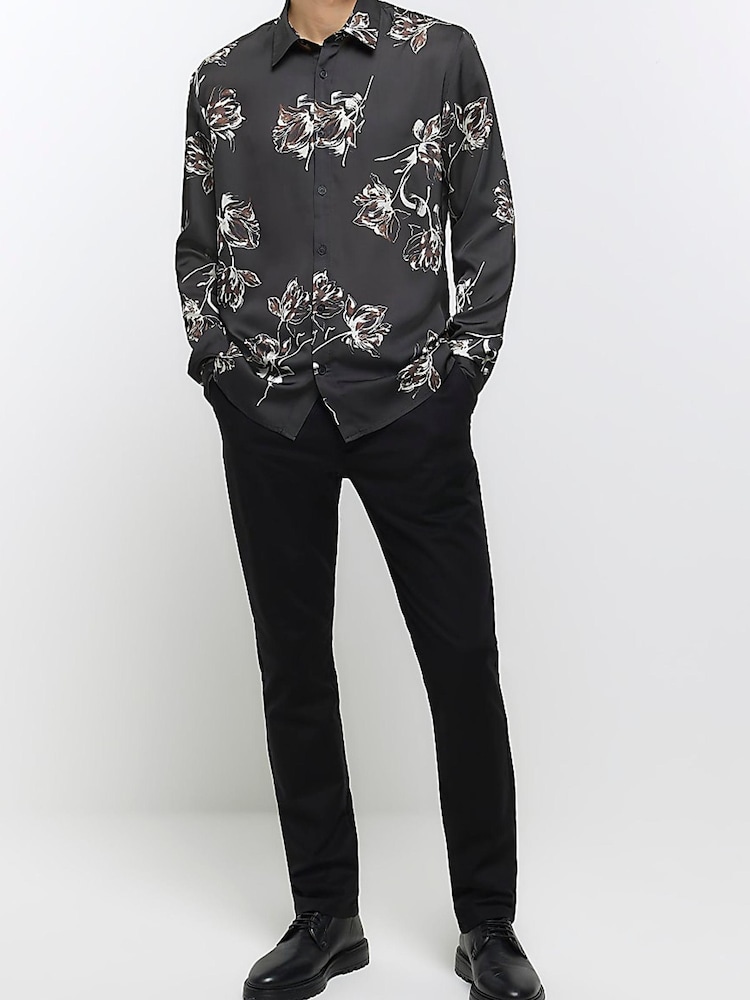 River Island Black Floral Sateen Linear Print Shirt - Image 4 of 4 River Island Black Floral Sateen Linear Print Shirt - Image 4 of 4