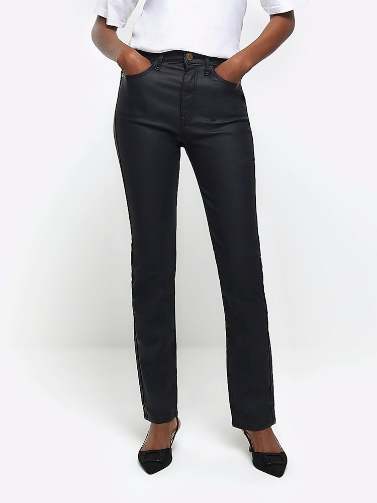 River Island Black High Rise Slim Straight Coated Jeans - Image 1 of 6 River Island Black High Rise Slim Straight Coated Jeans - Image 1 of 6