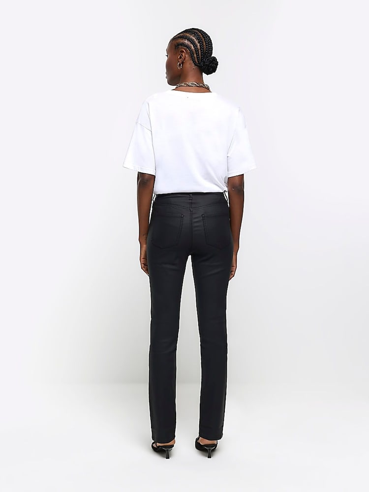 River Island Black High Rise Slim Straight Coated Jeans - Image 2 of 6 River Island Black High Rise Slim Straight Coated Jeans - Image 2 of 6