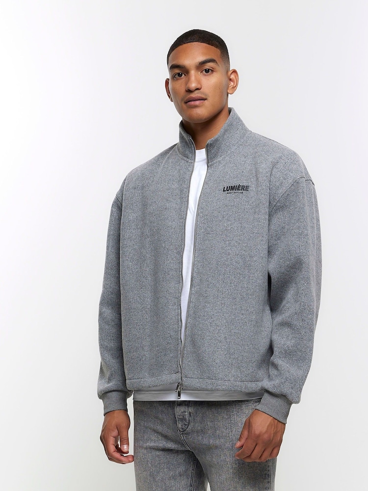 River Island Grey Zip Thru Textured Funnel Jacket - Image 1 of 6
