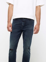 River Island Blue Dark Wash Ripped Skinny Jeans - Image 4 of 6